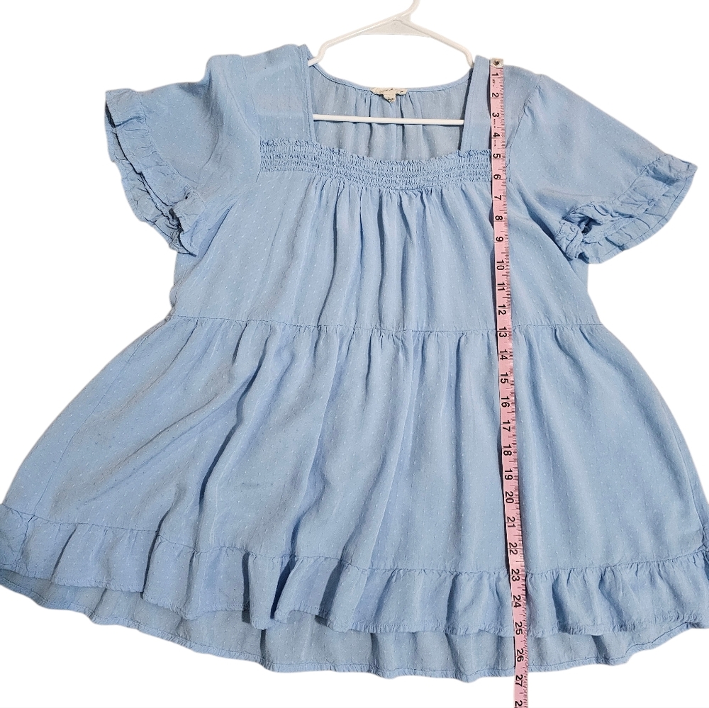 Jane and Delancey Blue Swiss Dot Babydoll Blouse Smocked Square Neck Rayon Large - Picture 7 of 7